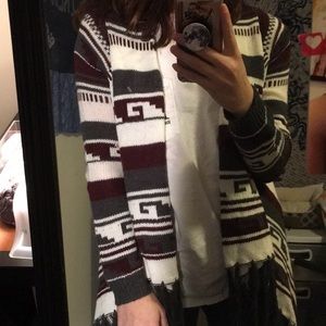 Grey, White, and Burgundy Knit Cardigan